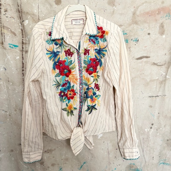 Johnny Was Nandi Tie Front Shirt In Stripe Print - Picture 2 of 5